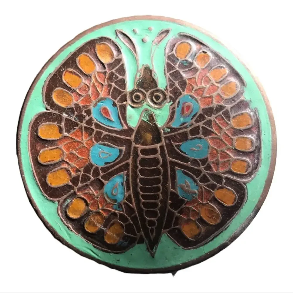 Vintage Brass Ring Box with Moth or Butterfly in Orange and Mint Green Enamel